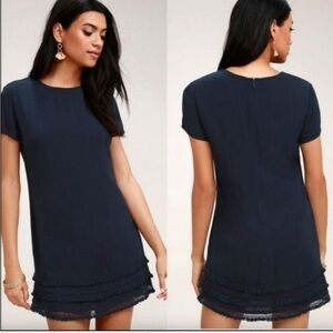 LULUS Buenos Aires Fringe Trim Shift Dress Blue Sz M‎